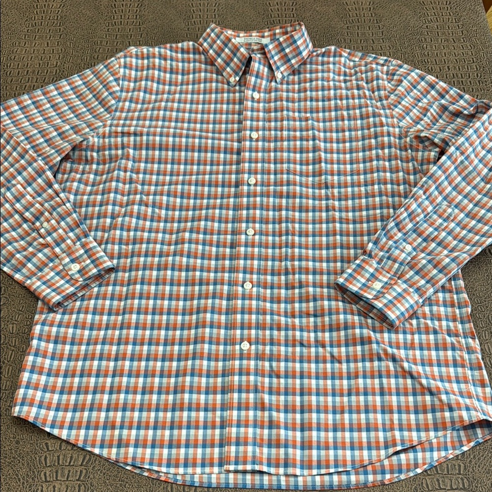 L.L. Bean Wrinkle Free Button Down Shirt Large Plaid Cotton Blue Orange